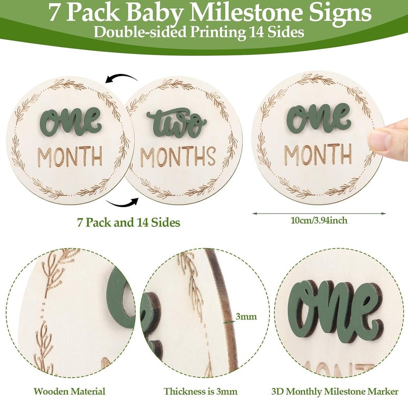 AuraRay 7 Pack Baby Monthly Milestone Cards Sign, Double Sided Baby Milestone Signs Wooden Marker Discs for 1-12 Months Baby Milestone Pictures Baby Shower Gifts - Image 2